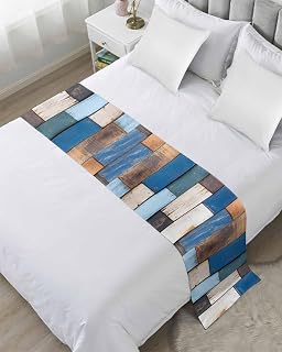 Retro Wooden Block Bed Runners for King Size Bed, Bedding Runners Scarves Protector Slipcover, Vintage Rustic Abstract Wood Decorative Sofa Throws Bed Scarf for Bedroom Hotel Wedding Room