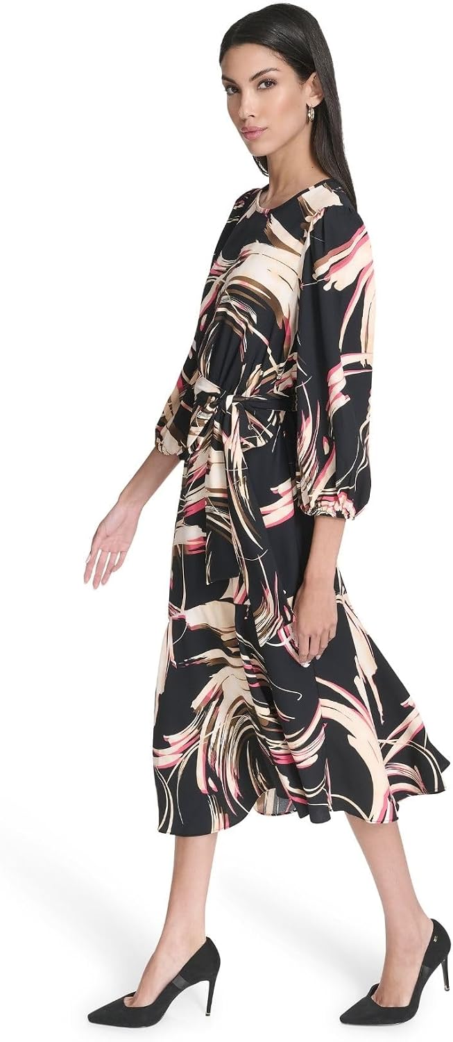 Halston Women's Long Sleeve Midi Printed Belted Dress with Ruffle Hem