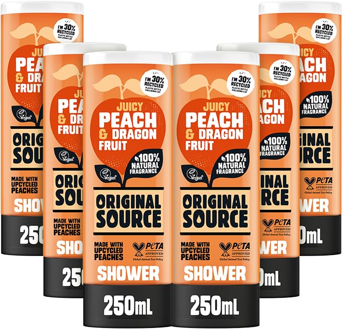 Original Source Juicy Peach & Dragonfruit Shower Gel with 100% Natural Fragrance Vegan Shower Gel Paraben Free Body Shower Wash Multipack of 6 x 250ml
