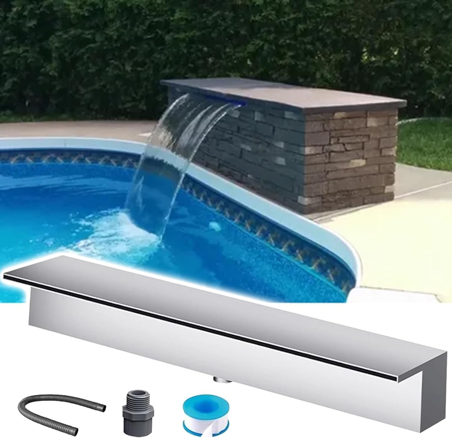 Stainless Steel 56-inch Waterfall Spillway Kit for Indoor/Outdoor Ponds - Flush-Mounted Fountain Water Feature, Durable and Stylish Silver Finish