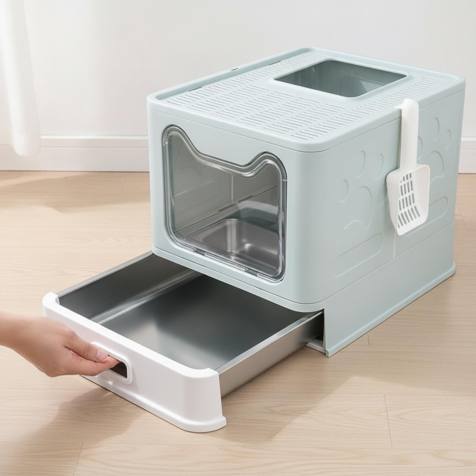 Baoblaze Caja de Arena para Gatos Cubierta con Puerta Transparente y Apertura Bandeja Extraíble de Acero y Laterales para Controlar Olores Adecuada para Hogares con una O Varias Mascotas, Gris