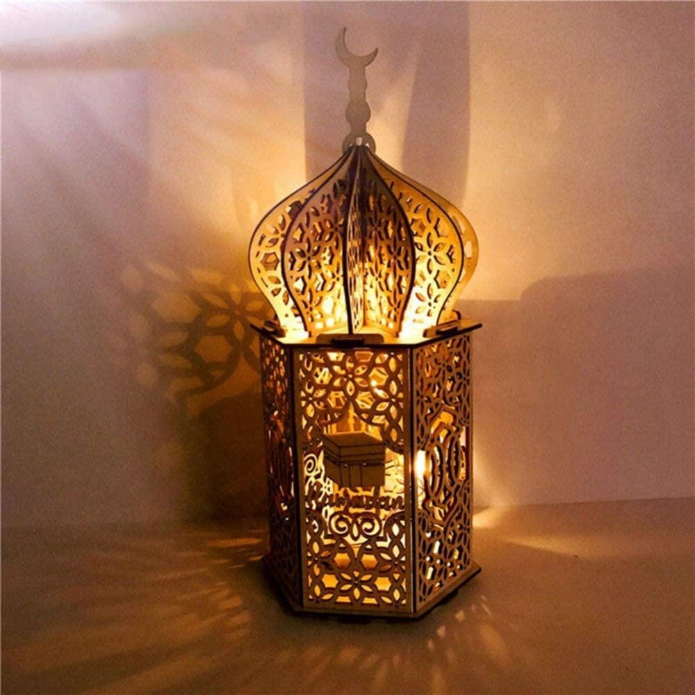 hardinoxEid Mubarak Night Light Ramadan Eid Mubarak Decorations Wooden LED Lights Lamp Palace Lighthouse Ornaments,Muslim Festival Wooden Light Tabletop for Home Eid Festival Party Decor (Model C)