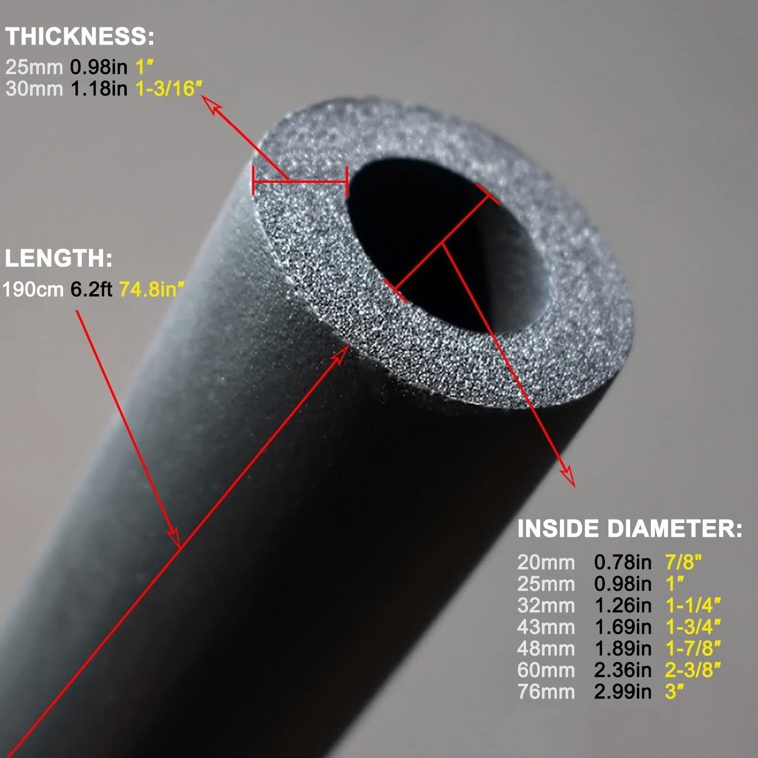 tubo isolante in schiuma, Tubo in schiuma isolante for tubi da 1,9 m/6,2 piedi Nero(Id20mm,T25MM*L190CM)