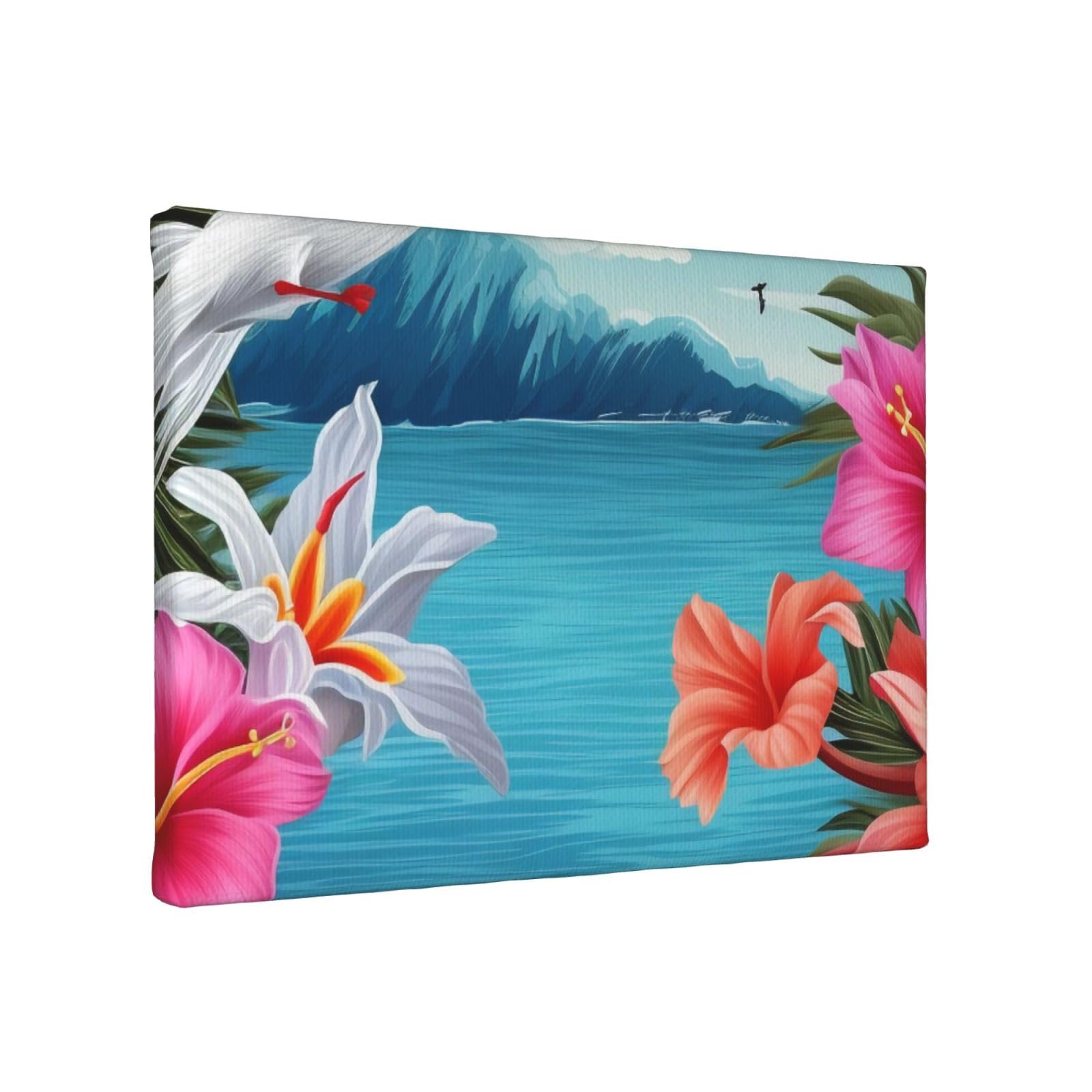 YKLJG Hawaii Hibiscus Flower Printed Wall Art Canvas Painting 30x20 CM Wooden Framed Picture Painting Artwork Prints for Bedroom Kitchen Home Office Decor