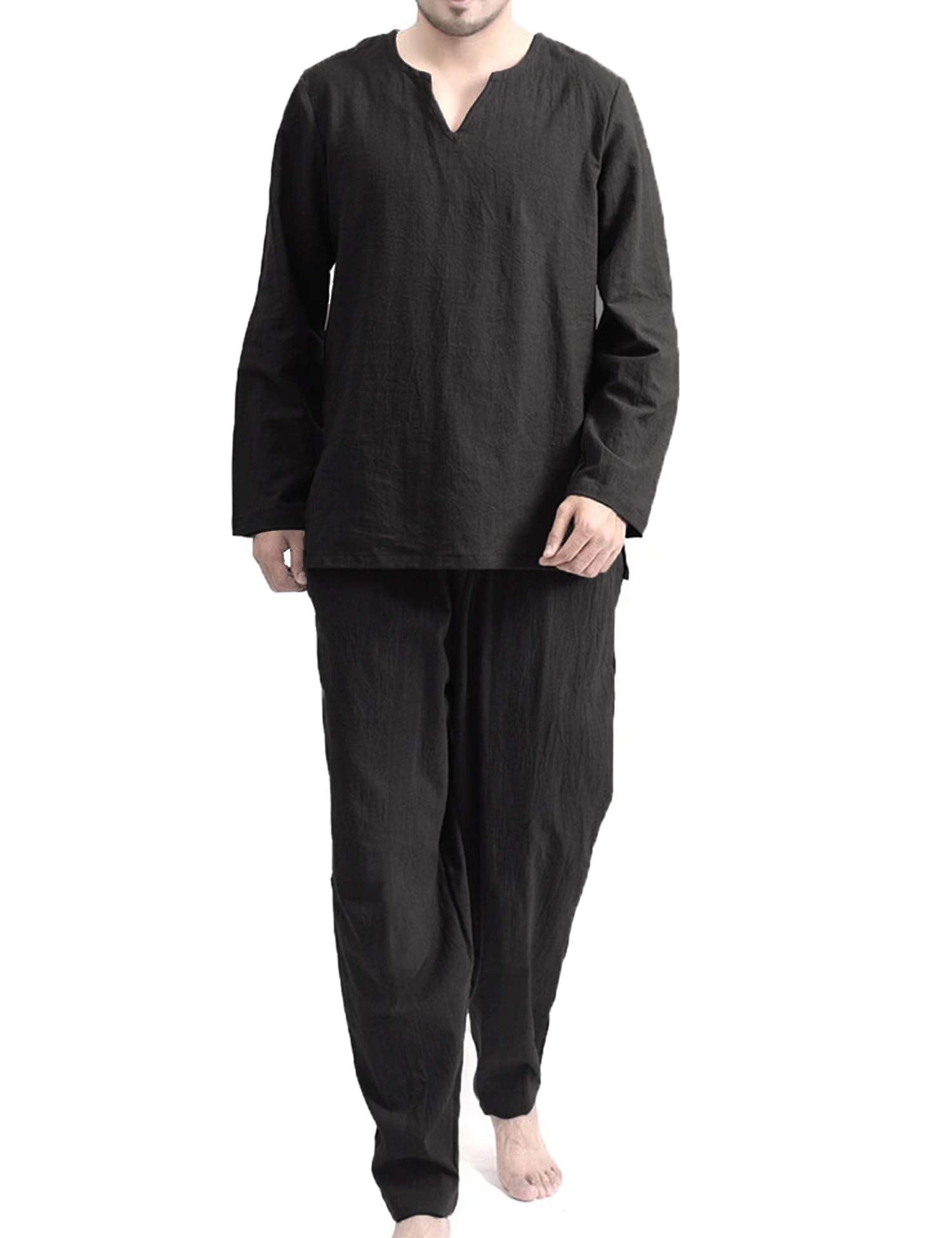 coofandy Men's 2 Pieces Cotton Linen Hippie T Shirt and Pants Casual Long Sleeve Jogger Yoga Top Sleepwear Pajamas Set Black-picture-46