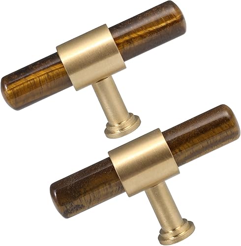 TUMBEELLUWA Juego de 2 manijas de barra en T de piedra de cristal con tornillos, latón cepillado de un solo agujero, pomos de cuarzo para armario,