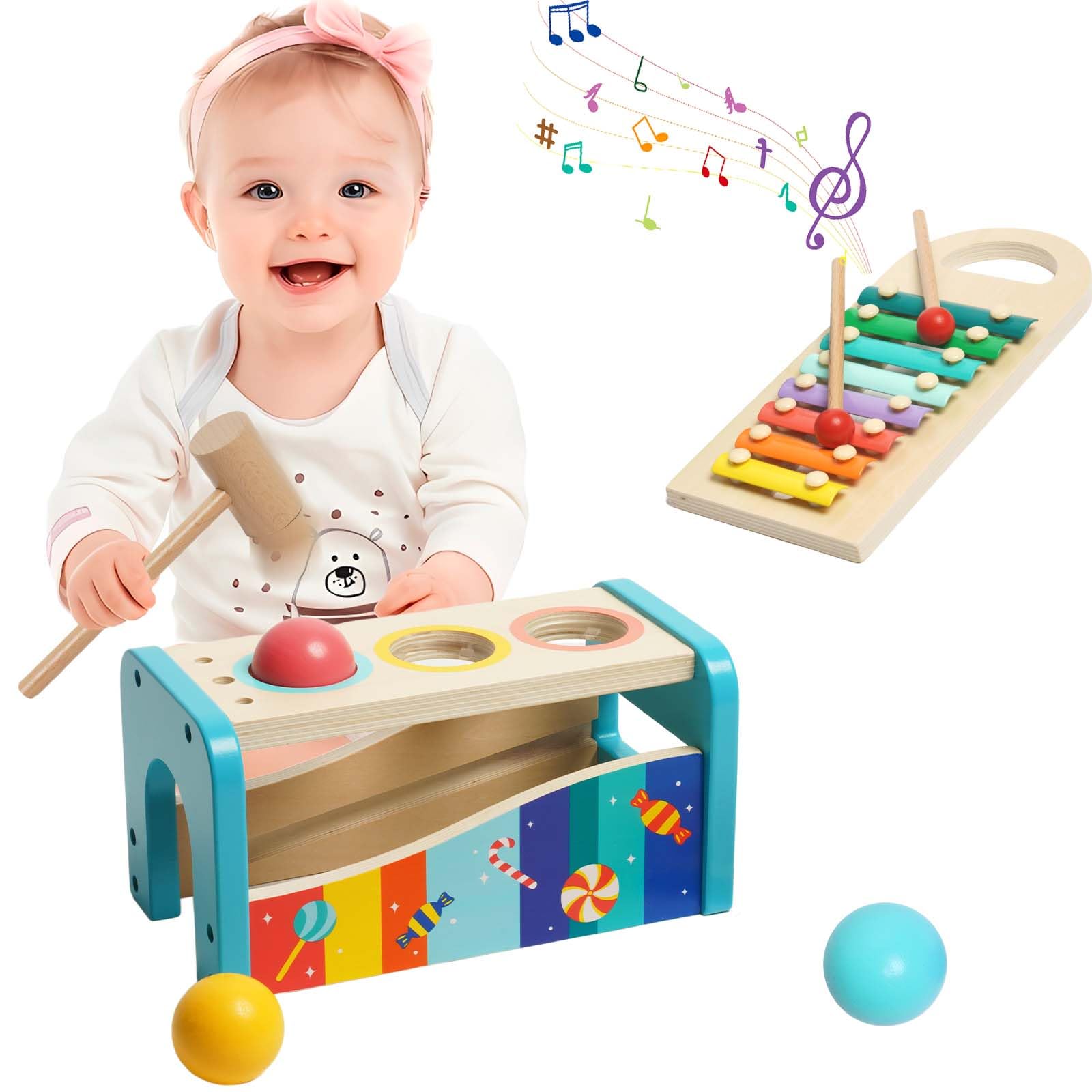 Juego de Xilófono y Martillo Juguete de Madera, Juguete de Tambor para Bebé Montessori, Juguete Musical Multifuncional, Regalo de Cumpleaños para Niños