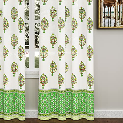 Image of BLOCKS OF INDIA Hand Block Printed Cotton Daylight Semi Sheer Curtains with Eyelets(Set of 2 Semi Sheer Curtains) (Green Paan, Door / 7 Feet)