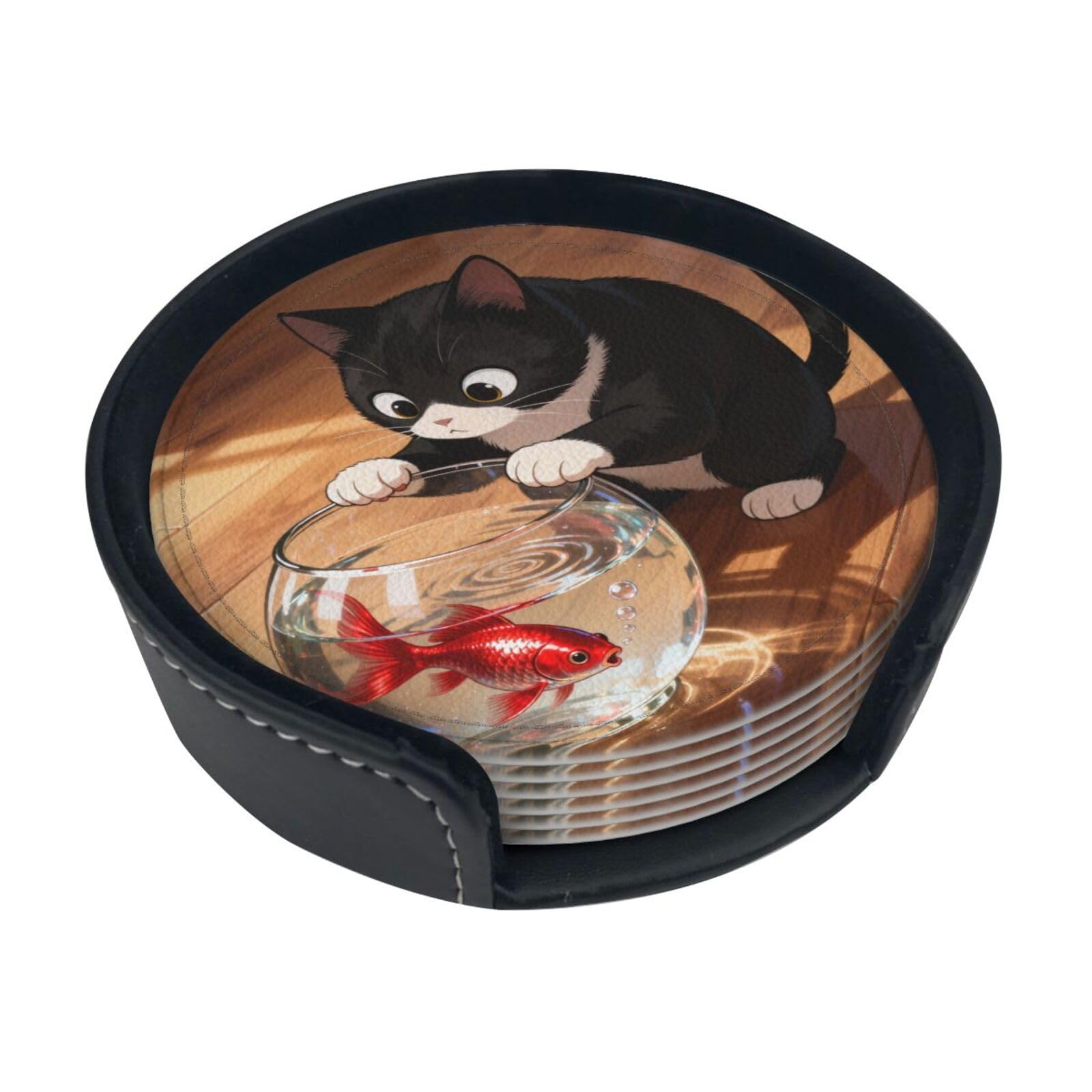 Cntdbu White Cat Fish Tank Leather Coasters Set Of 6-Pu Leather Drink Mats For Table, Heat Resistant Round Coasters With Holder