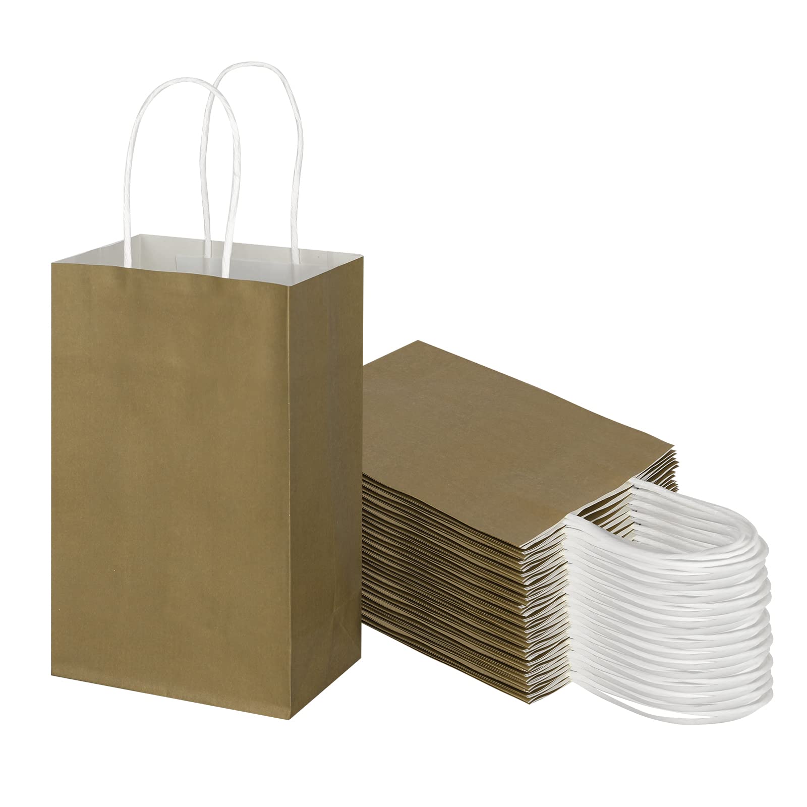 Toovip 50 Pack 5.25x3.25x8.25 Inch Small Gold Kraft Paper Bags with Handles Bulk, Gift Wrap Bags for Favor Grocery Retail Party Birthday Shopping Business Goody Craft Merchandise Take Out Cub Sacks