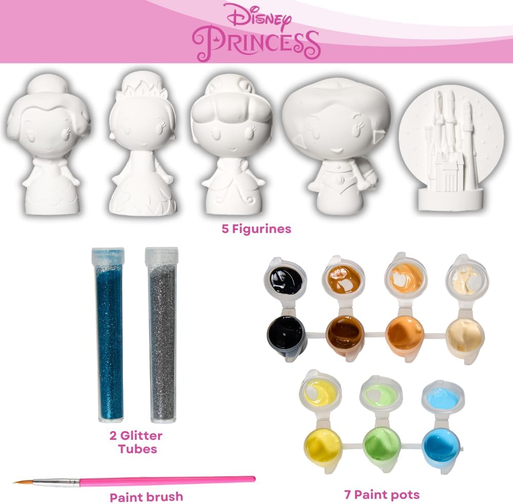 Innovative Designs Disney Princess DIY Paint Your Own Figurines Arts and Crafts Set for Girls, Paint, Paint Brush, and Glitter – Cinderella, Belle, Tiana, Jasmine, and Princess Castle