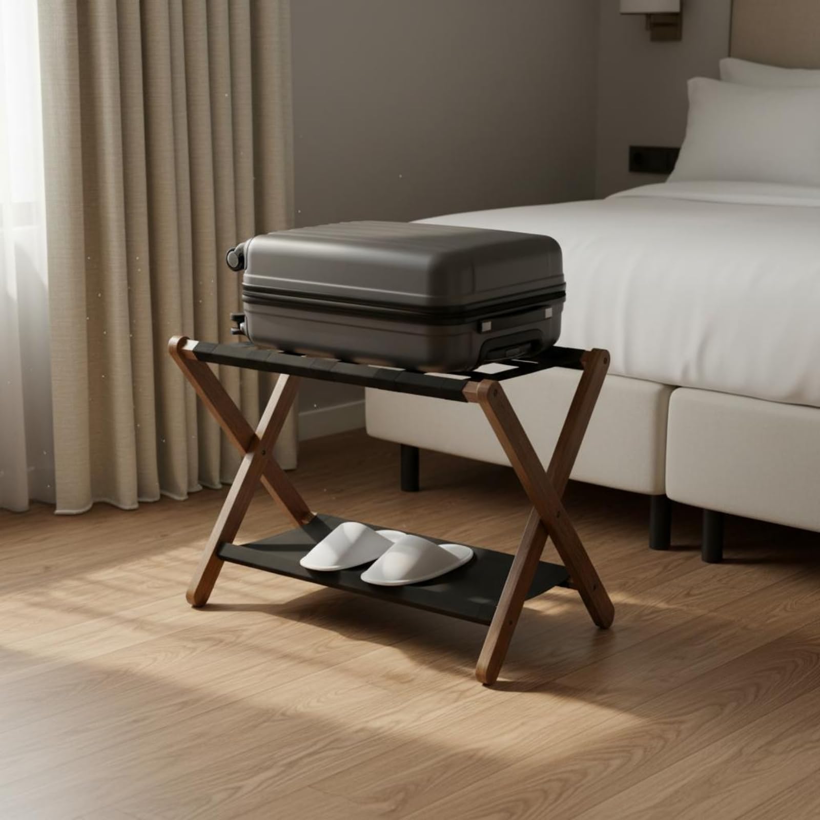 Portavaligia Pieghevole in Legno con Ripiano Supporto Valigie Rastrelliera Bagagli Mensola Bagagli Doppio Ripiano per Bagagli E Accessori Telaio in