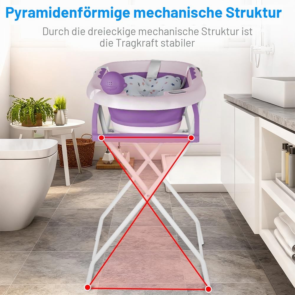 Babybadewanne mit Ständer, ergonomisches Babybad mit Ständer, Organizer für Eltern,Kinderbadewanne mit Badesitz, für Babys von 0-36 Monaten ((Stil 5) 81,5 x 48 x 21 cm – Violett)