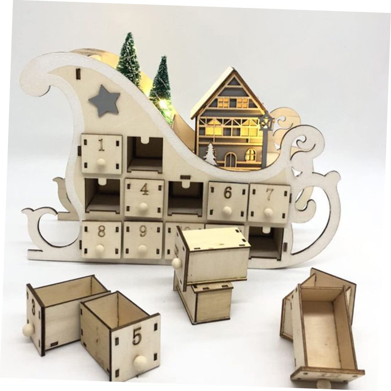 MAGICLULU Holz Weihnachtskalender mit Schlittenkalender Design Weihnachtskalender aus Holz für Schreibtischdeko Countdown-adventskalender für Weihnachten