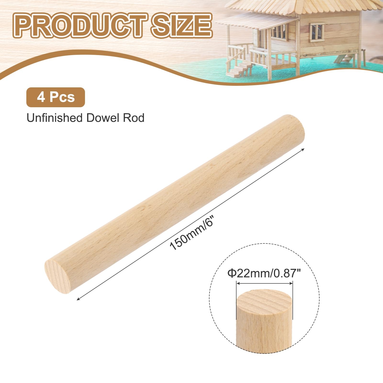Bâtonnets en bois. Paquet de 10 bâtons ronds en bois massif for l'artisanat et la décoration bricolage(22mmx150mm)