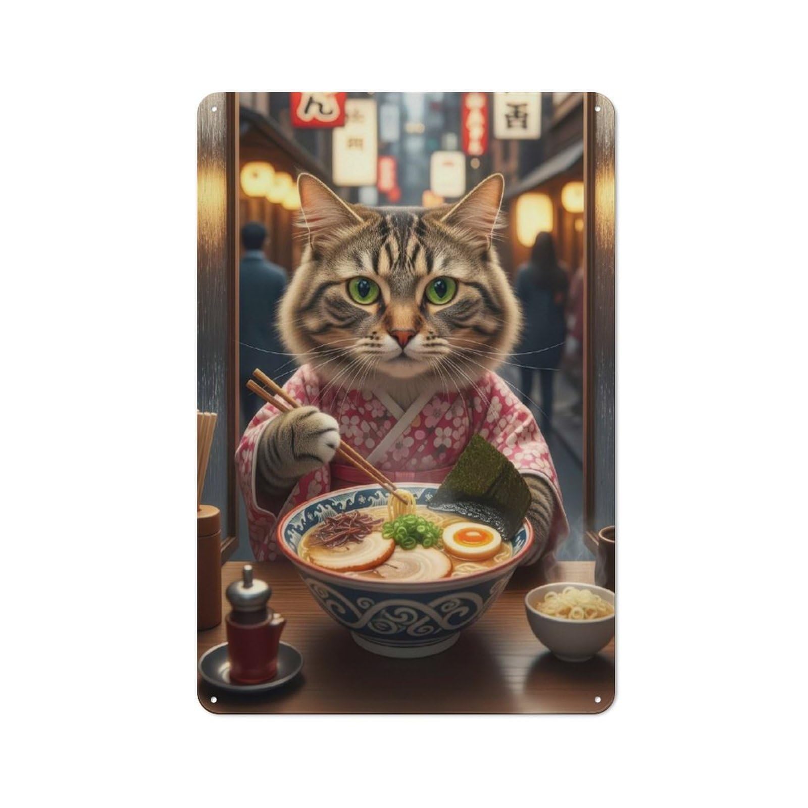 Junmoney Style-10 Cat In Kimono Eating Ramen Printed Metal Sign 30X20cm For Studio Or Craft Room, A Decorative Gift For A Newly Furnished Studio And Craft Room