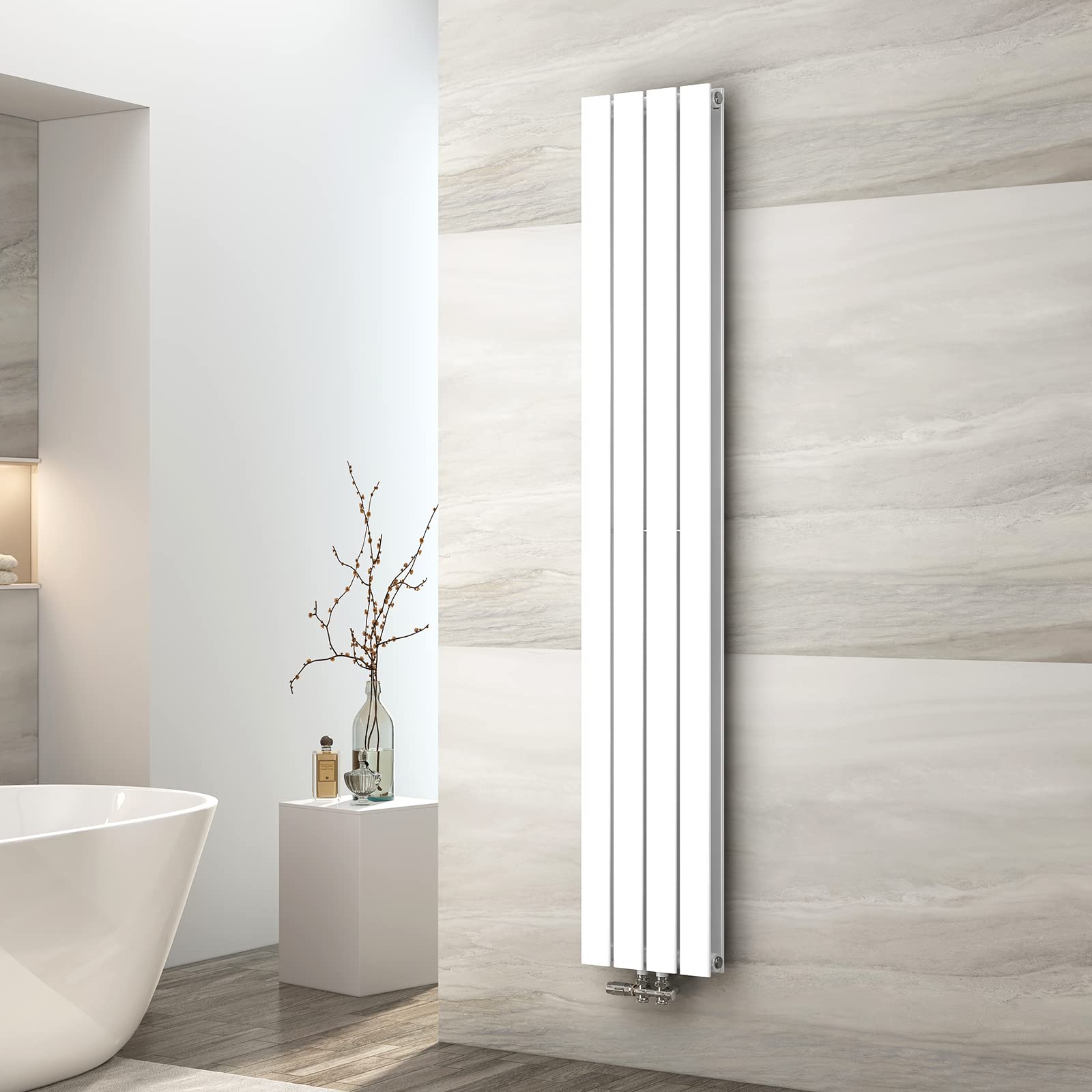 EMKE Design Heizkörper Schmal Hoch, 1800x304 mm Vertikal Flachheizkörper mit Mittelanschluss, Doppellagig Weiß Paneelheizkörper Wandheizkörper für Bad, Schlafzimmer & Wohnzimmer, 1082W