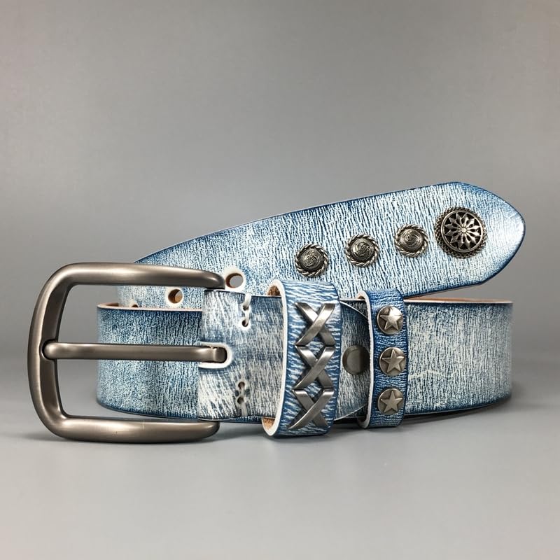 Western Genuine Leather Belt for Men Women Vintage Studded Belt for Jeans Pant Retro Belt Men,Vintage Blue,105CM/41.3''4