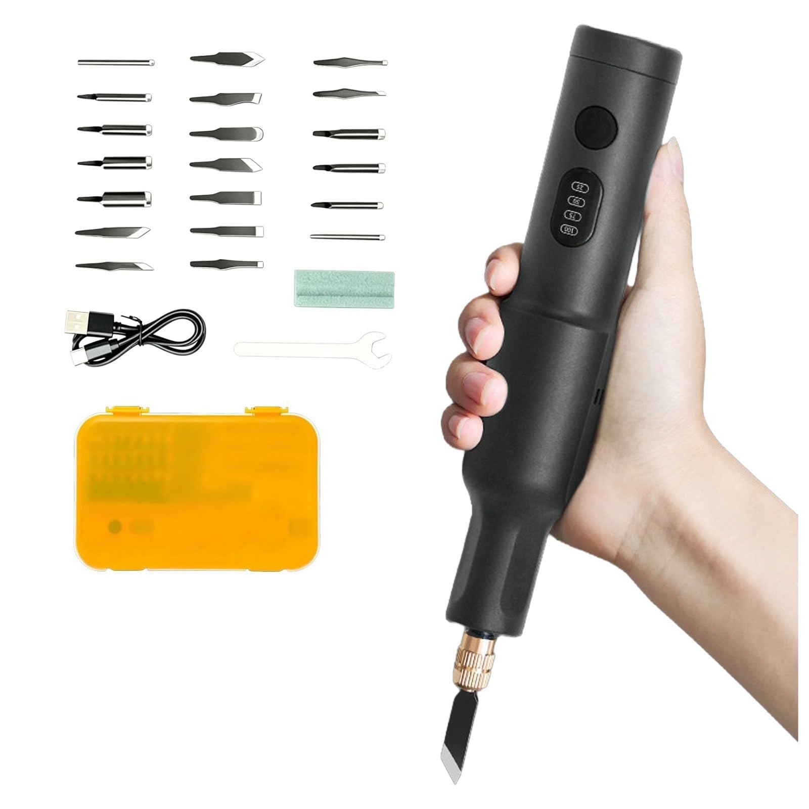 Qyoegsq Black Handheld Wood Carving Machine,40W Electric Carving Knife Set With 20Pcs Replaceable Blades,Rechargeable Engraving Chisel,For Woodworking,Diy Plaster Sculpture(Black)