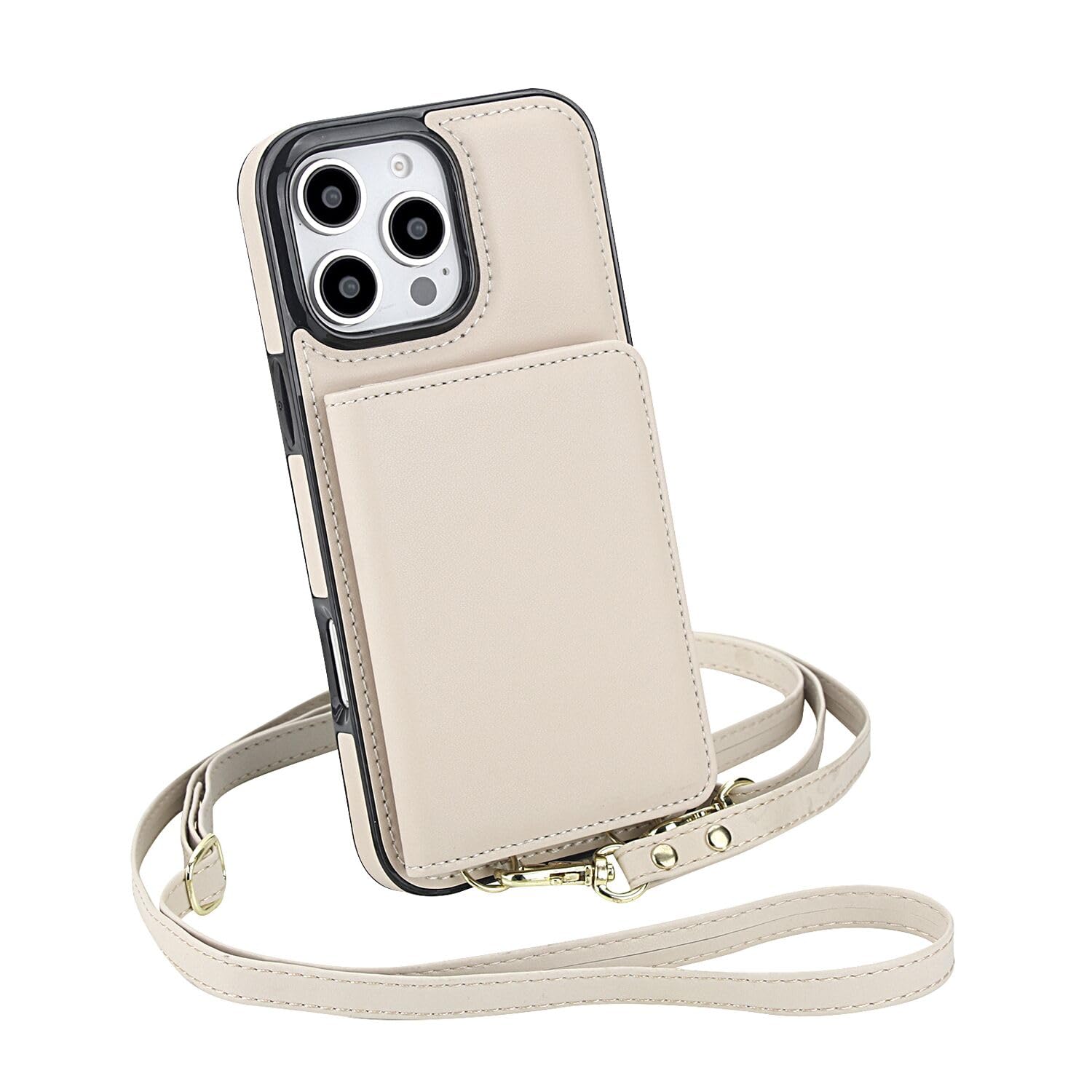 uCOLOR Case for iPhone 16 Pro Wallet Case for Women, Crossbody Zipper Purse with Shoulder Wristlet Strap RFID Blocking Card Holders (Beige, iPhone 16