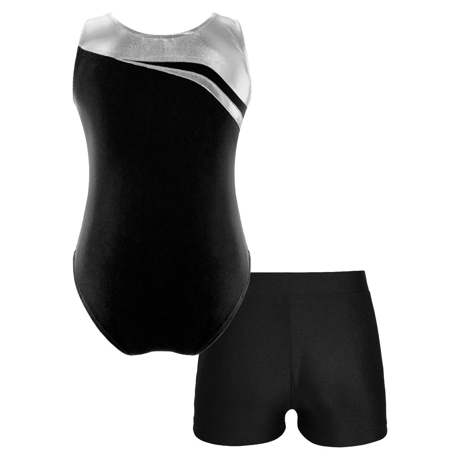 Justaucorps de gymnastique sans manches métallique scintillant for filles avec short pour les danseuses