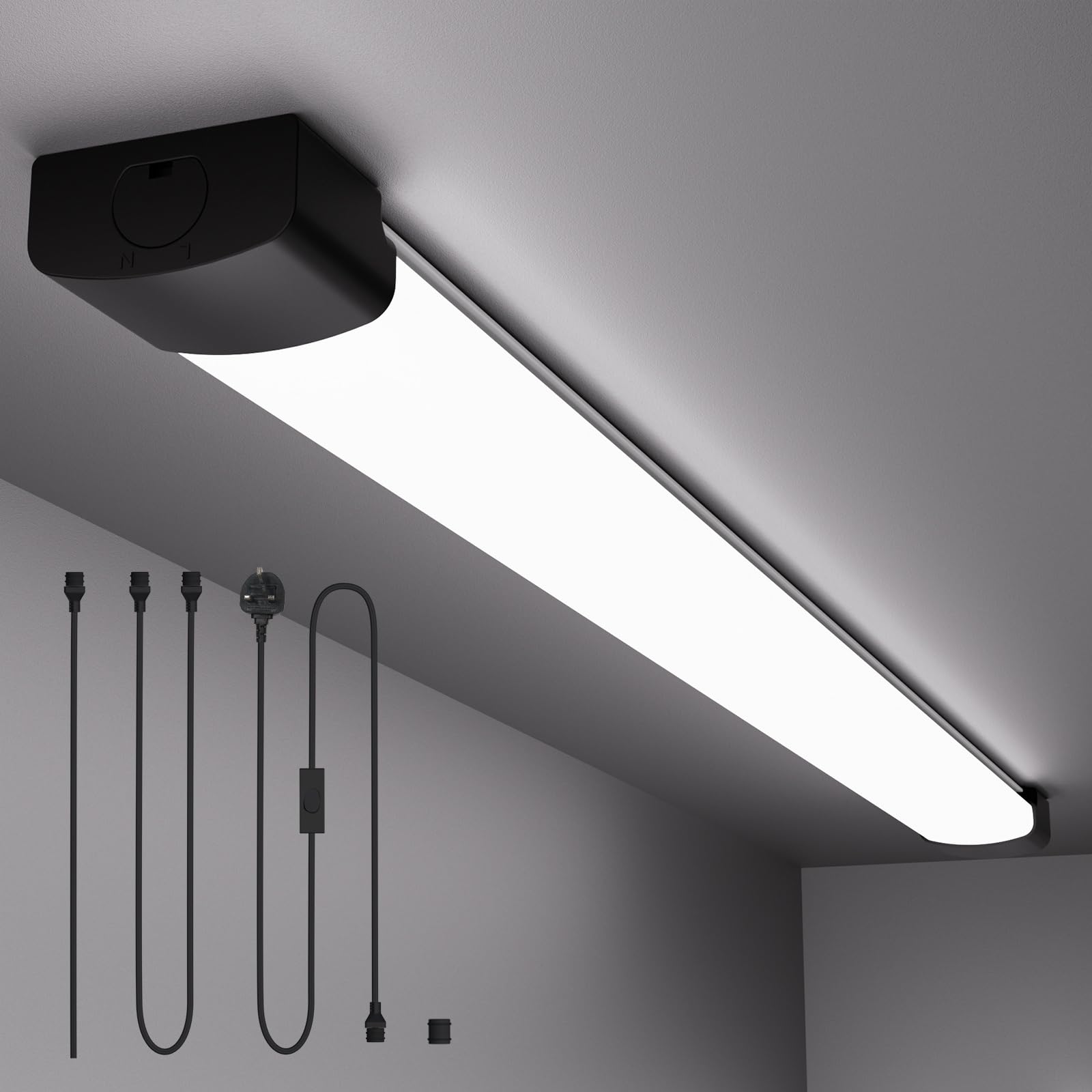 Amdelne 2PCS 6000k Led Batten Light, 150CM Plug in Wall Led Batten Light Daylight, IP66 Plug in Ceiling Light Strip for Garage, Office, Bedroom, Black