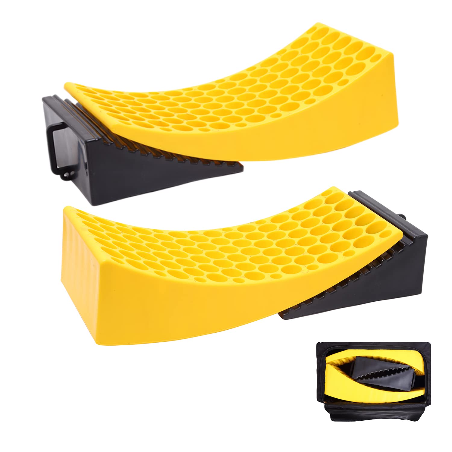 GarfatolRv Camper Leveler,RV Leveling Blocks for Travel Trailer Include Two Curved RV Levelers with Two Camper Wheel Chocks and Bag-Up to 35,000 LBS Yellow/Black