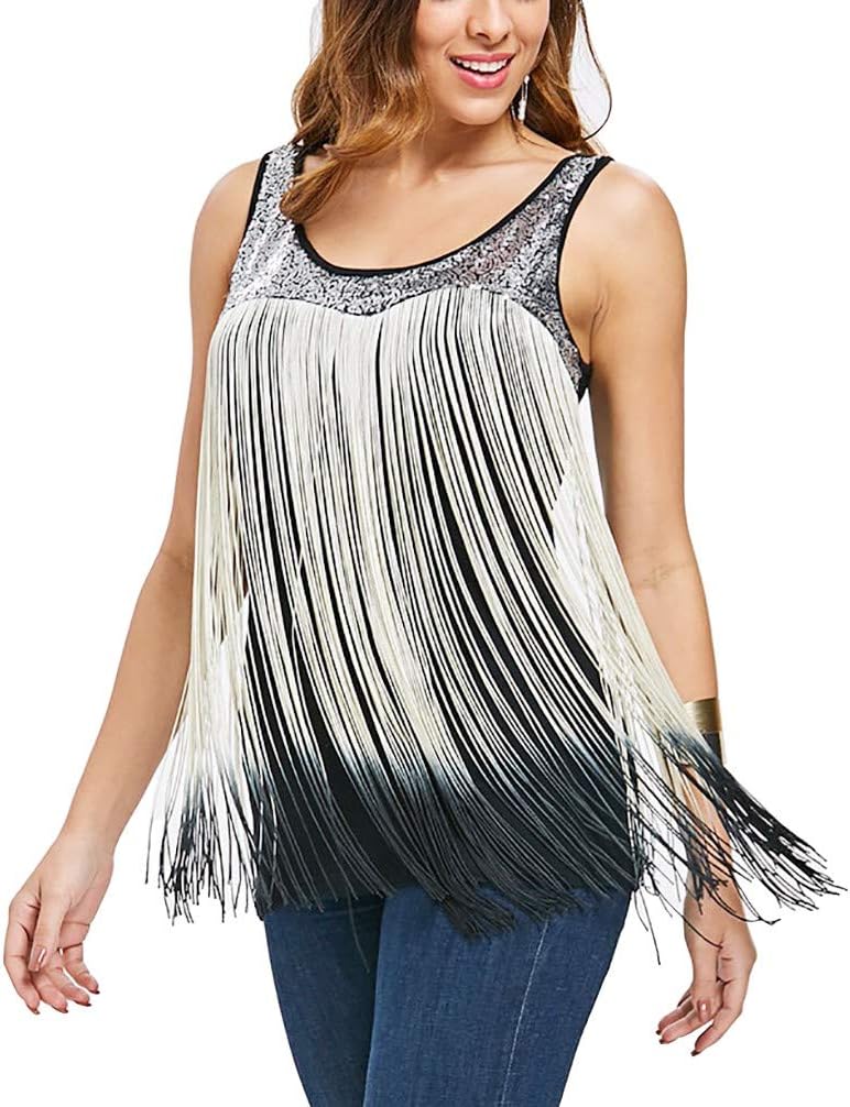 Women's Summer Sequined Tank Top with Spaghetti Strap Fringe Cami Shirts Fringed