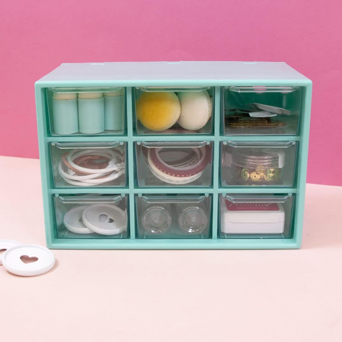 Craftelier - Organiser with 9 Drawers for Organising Scrapbooking and Craft Materials | Turquoise and Transparent Colour - Organiser Size 18 x 9,8 x 11,8 cm and Drawer 5 x 3 x 8 cm