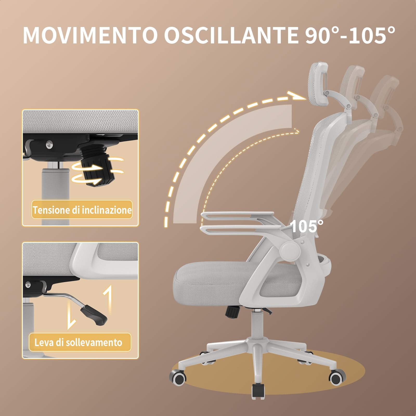 naspaluro Sedia da Ufficio Scrivania Ergonomica, Con Braccioli Pieghevoli, Altezza Regolabile, Seduta e Schienale in Rete Respirante, Girevole con Ruote, Funzione Oscillante Grigio