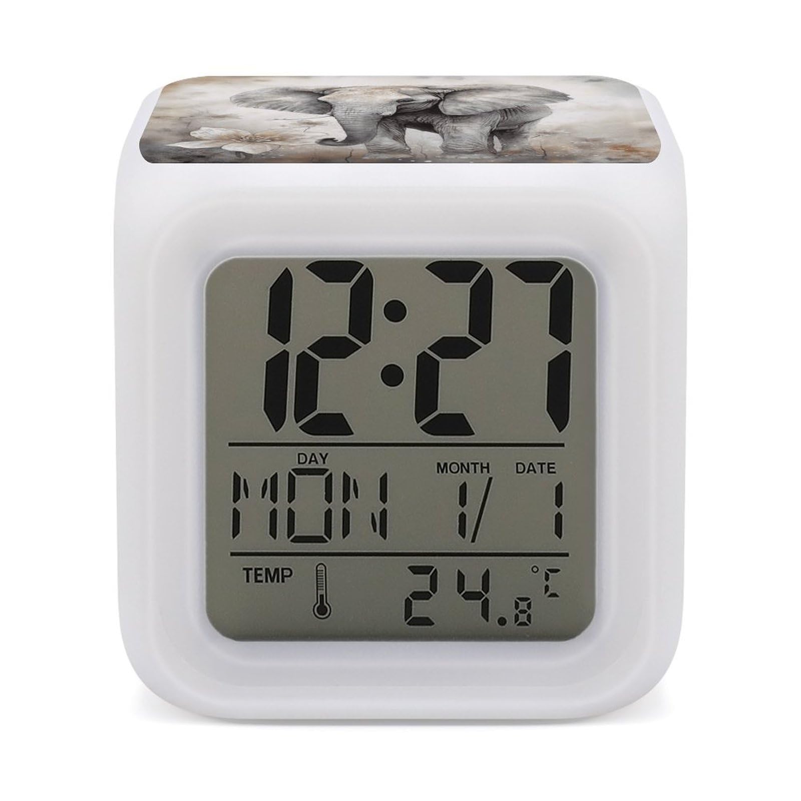 VstaDank Animals Cute Elephant Alarm Clock with 7 Color Changing Night Light Date Temp Display Wake Clocks LED Display Digital Clock Electric Desk Clocks for Living Office Bedroom Decor