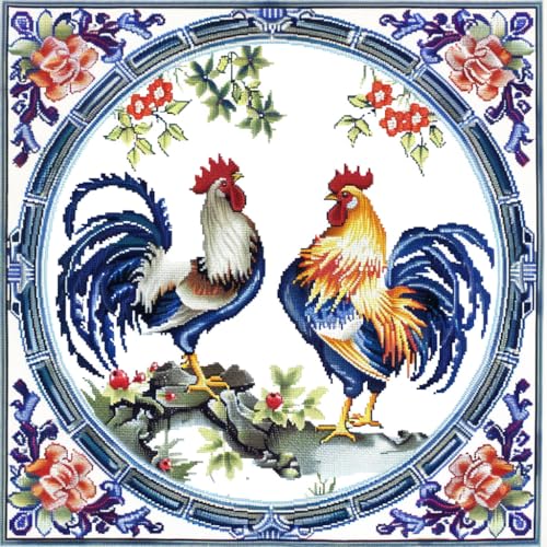 Generic Chinese Phoenix and Rooster DIY 11CT Stamped Cross Stitch Kit for Beginners Easy Needlepoint Embroidery Counted Cross Stitch Art Craft for Wall Decoration 10.6x10.6 inches