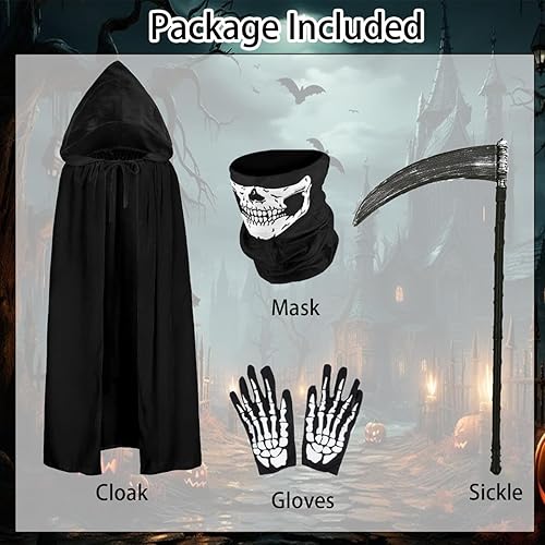 Miniatura 2 de Disfraz de la parca para niños, capa negra con capucha para cosplay con máscara de calavera, capa de terciopelo para niñas y niños, disfraces de