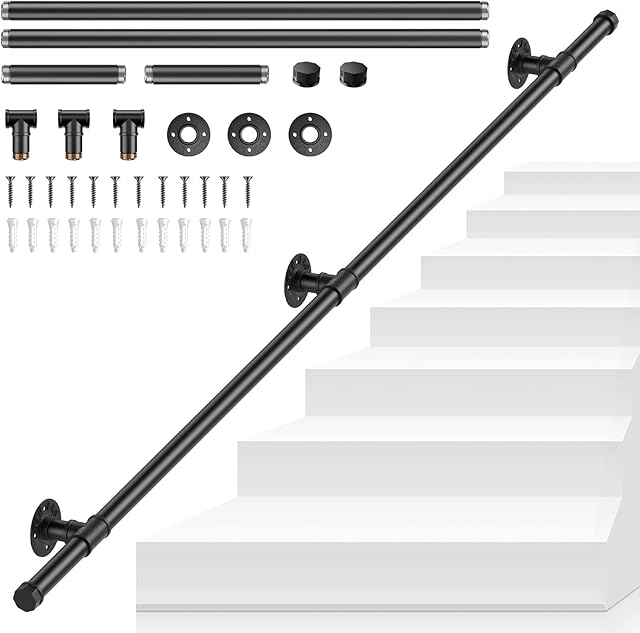 TELAM Handrail Stairs Metal Railing Indoor Outdoor Wall Balustrade Non-Slip Industrial Galvanized Steel Pipe Wall-Mounted Stair Outside Metal Wrought Iron Pipe Design (1.5M)