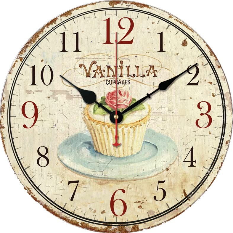 Telisha Wooden Wall Clock Vanilla Cupcake Clock Retro Vintage Large Clock Home Decorative Country Non -Ticking Silent Quiet 14 Inch Gift