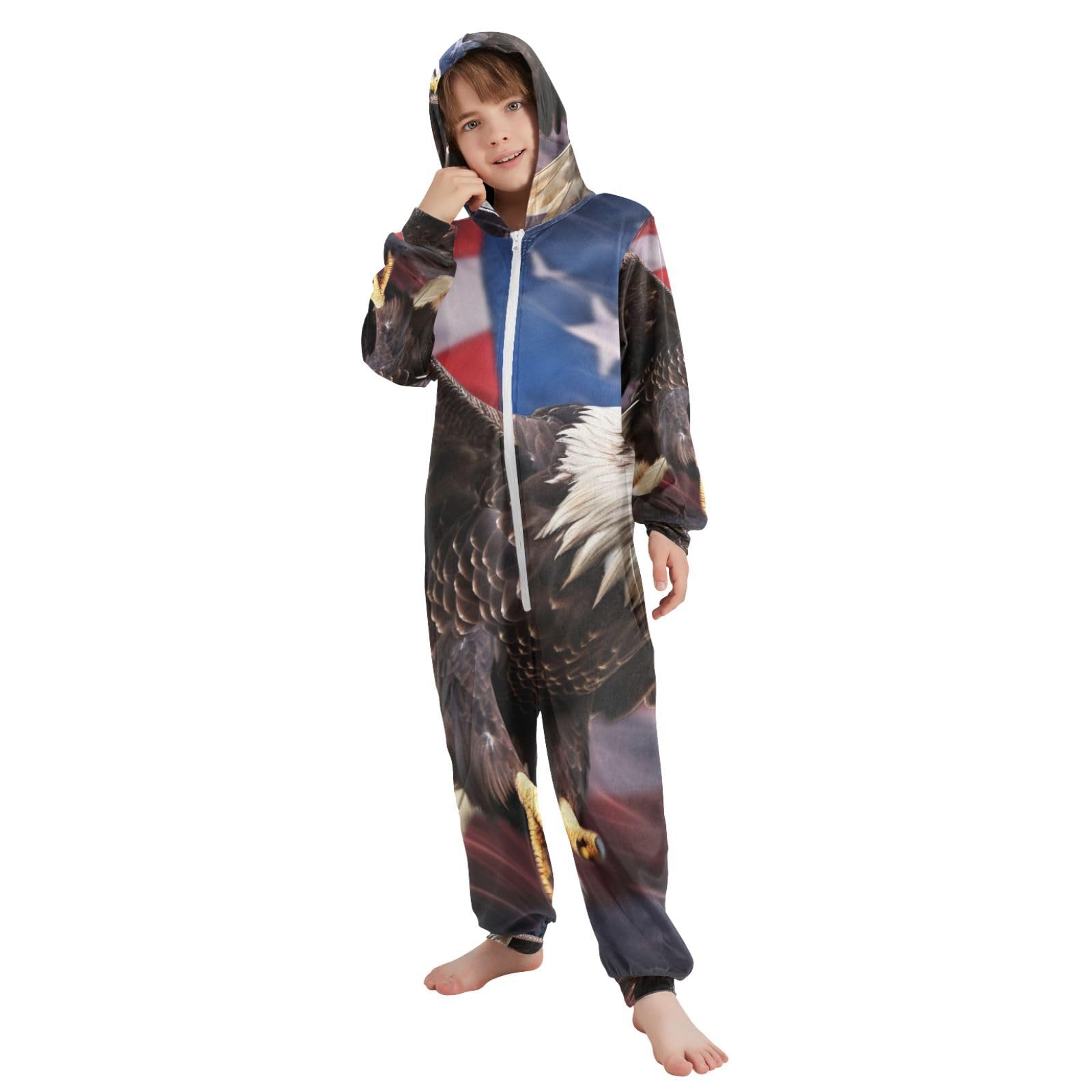 Bald Eagle American Flag Wing Onesie Pajamas Soft Flannel Jumpsuit Zip Up Sleepwear Hooded Loungewear