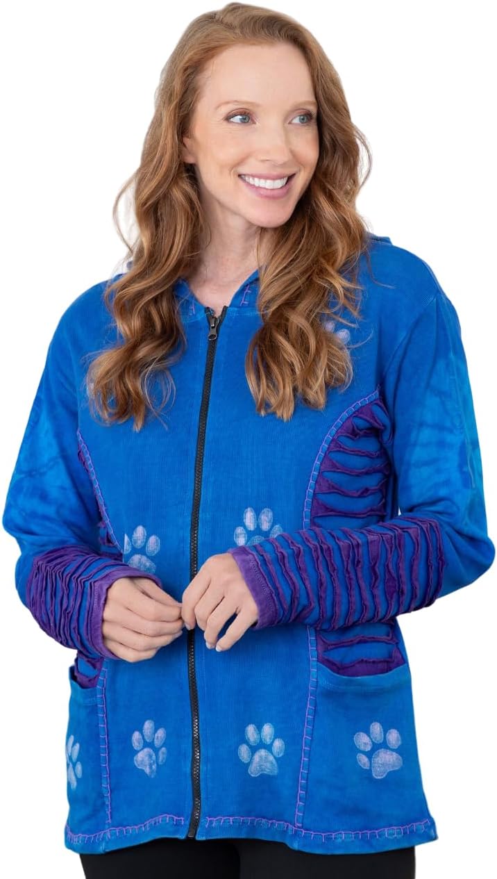 GreaterGood Blue Purple Paw Print Hooded Jacket Handmade Fair Trade Zippered Artisan-Made Gifts for Women Mom Ladies