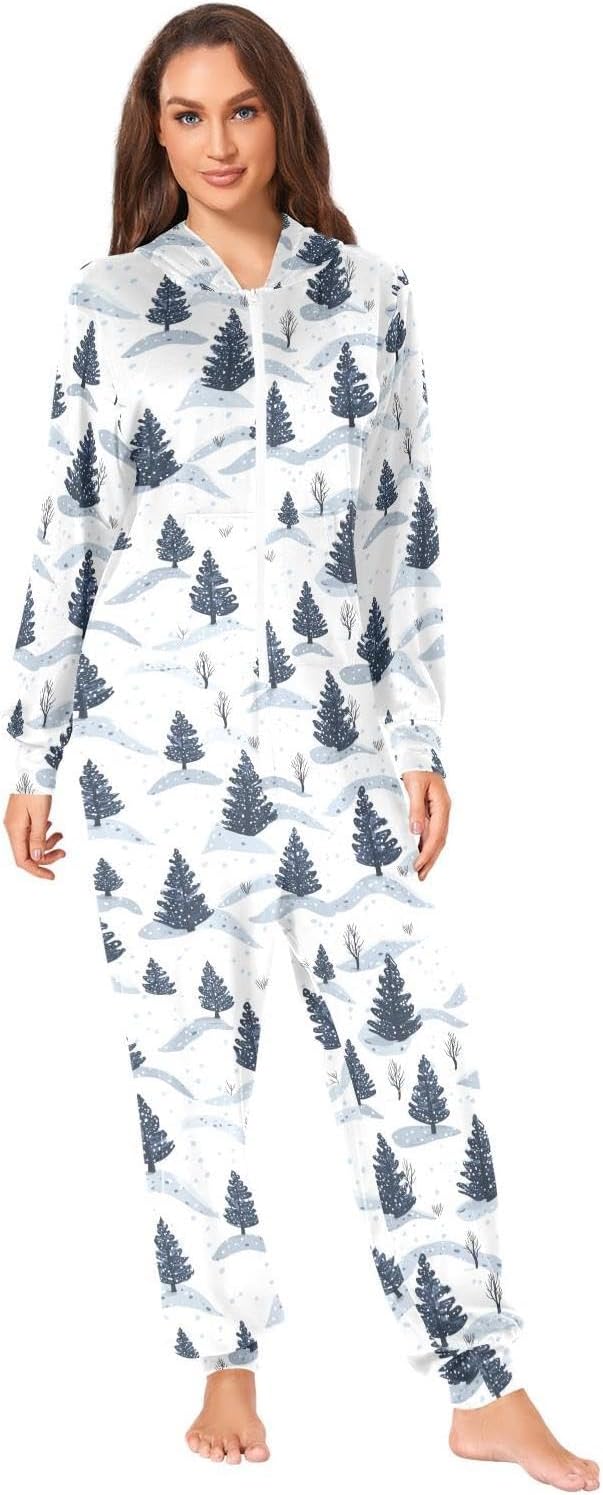 ZZKKO Snowy Scenery Forest Adult Onesie Pajamas for Women Men Cozy One Piece Pajamas Costume Zip-Up Hooded S-XL