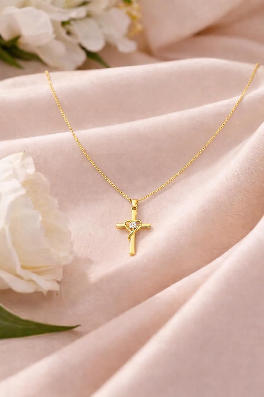 14K Gold Cross Necklace for Women Heart Dainty Small Crucifix Pendant Necklace Chain