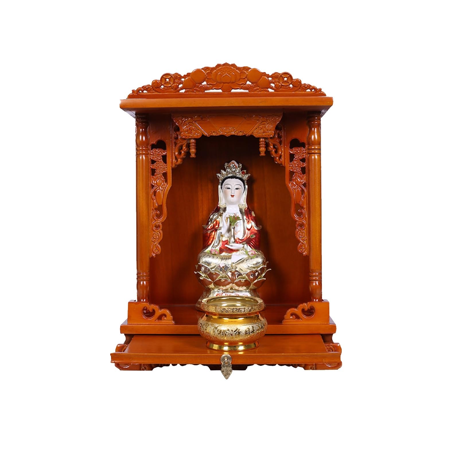 JNTFNE Wall Mounted/desktop Wood Buddhist Altar,Household Shrine Meditation Table, Pooja Statue Display Cabinet，with Drawer For And Incense Tribute(Huanghuali,Small)