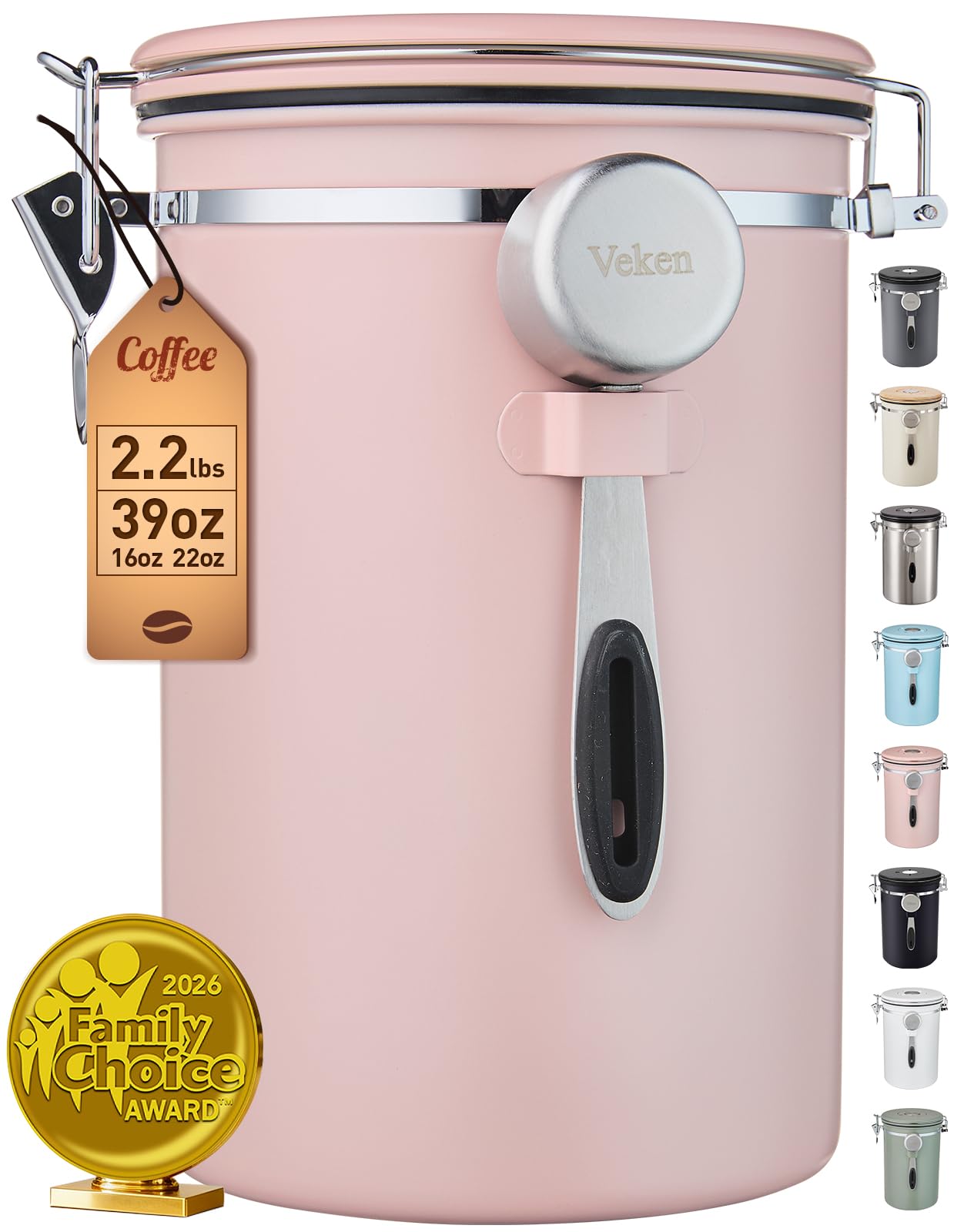 veken coffee canister, 39oz large, airtight stainless steel food storage container for 2.2lbs coffee beans, ground, sugar, tea, cookie,flour, kitchen bar accessories with date tracker & scoop, pink