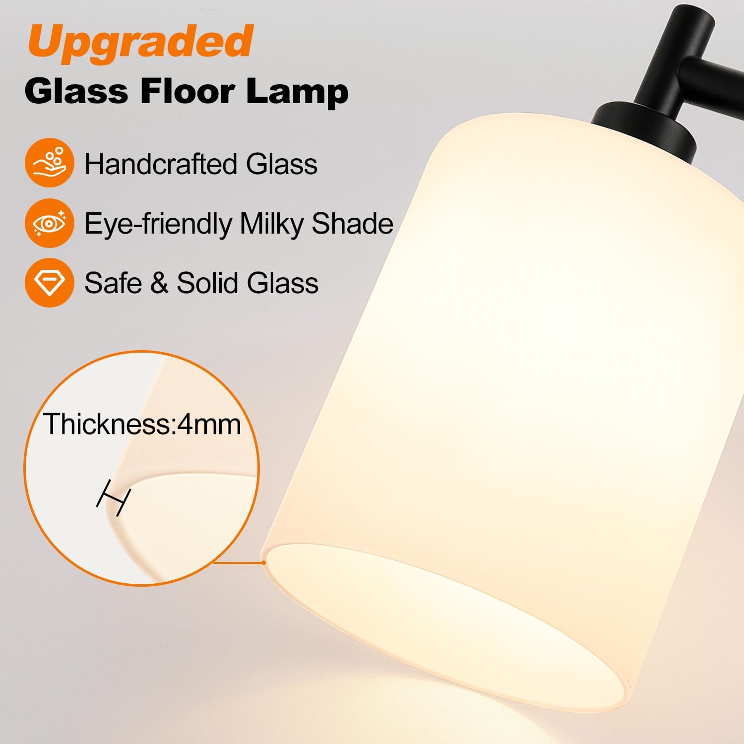 【Upgraded】Dimmable Floor Lamp for Living Room with Frosted White Glass Shade, Modern Industrial Floor Lamp with 900LM Bulb Included, Standing Tall Lamp for Bedroom, Office, Reading Room, Corner, Black thumbnail