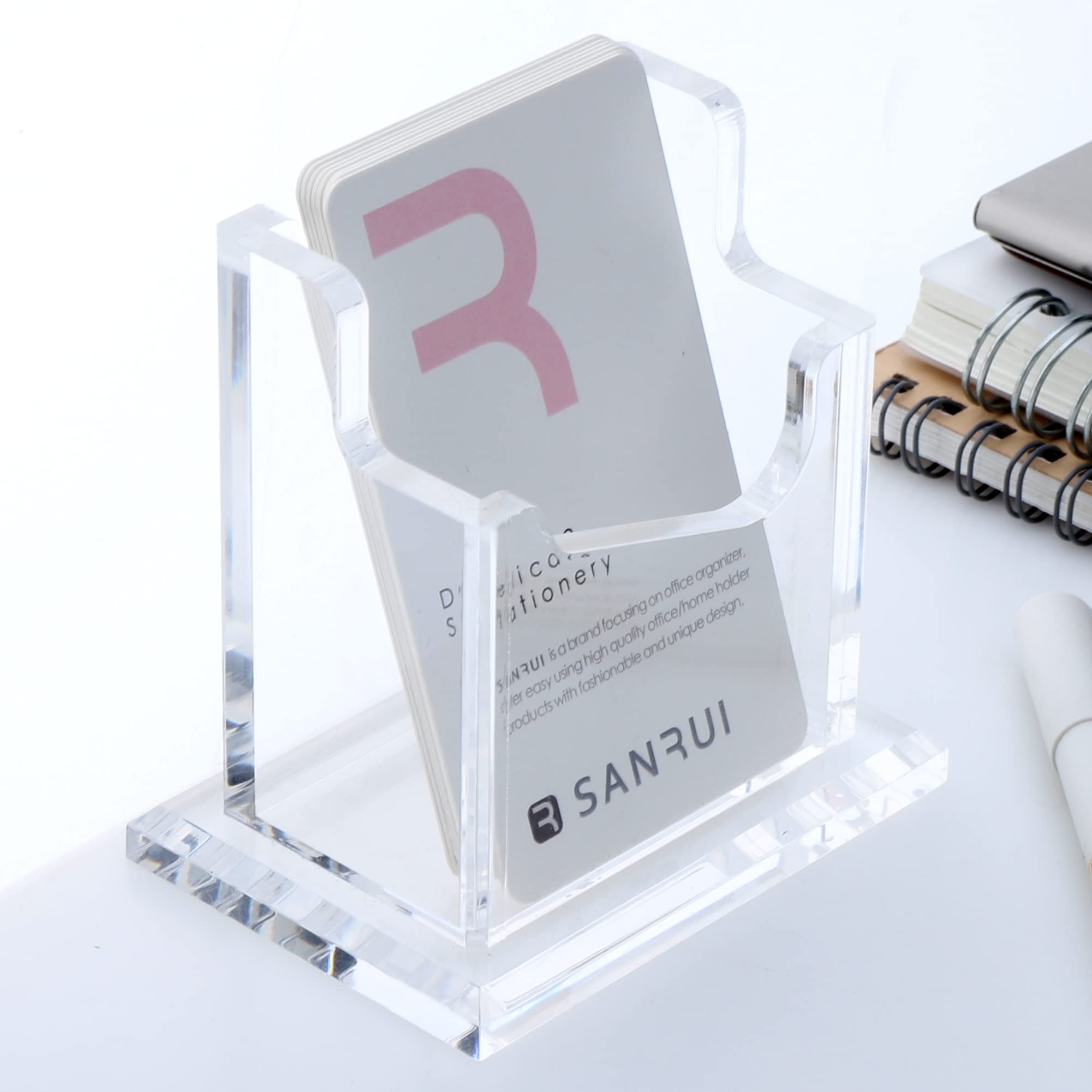 SANRUI Soporte vertical para tarjetas de visita para escritorio, soporte de acrílico transparente para tarjetas de visita, 1 ranura, capacidad para 50-60 tarjetas