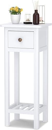 GORELAX Mesa auxiliar estrecha, mesita de noche alta con cajón y estante, mesita de noche pequeña con dispositivo antivuelco, sin montaje, color