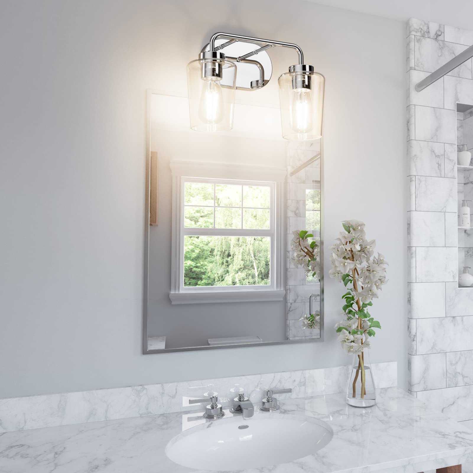 Lámpara de tocador de baño vintage cromada, 2 luces, moderna de acero inoxidable con vidrio transparente, lámpara de baño industrial para montaje en pared (sin bombilla)
