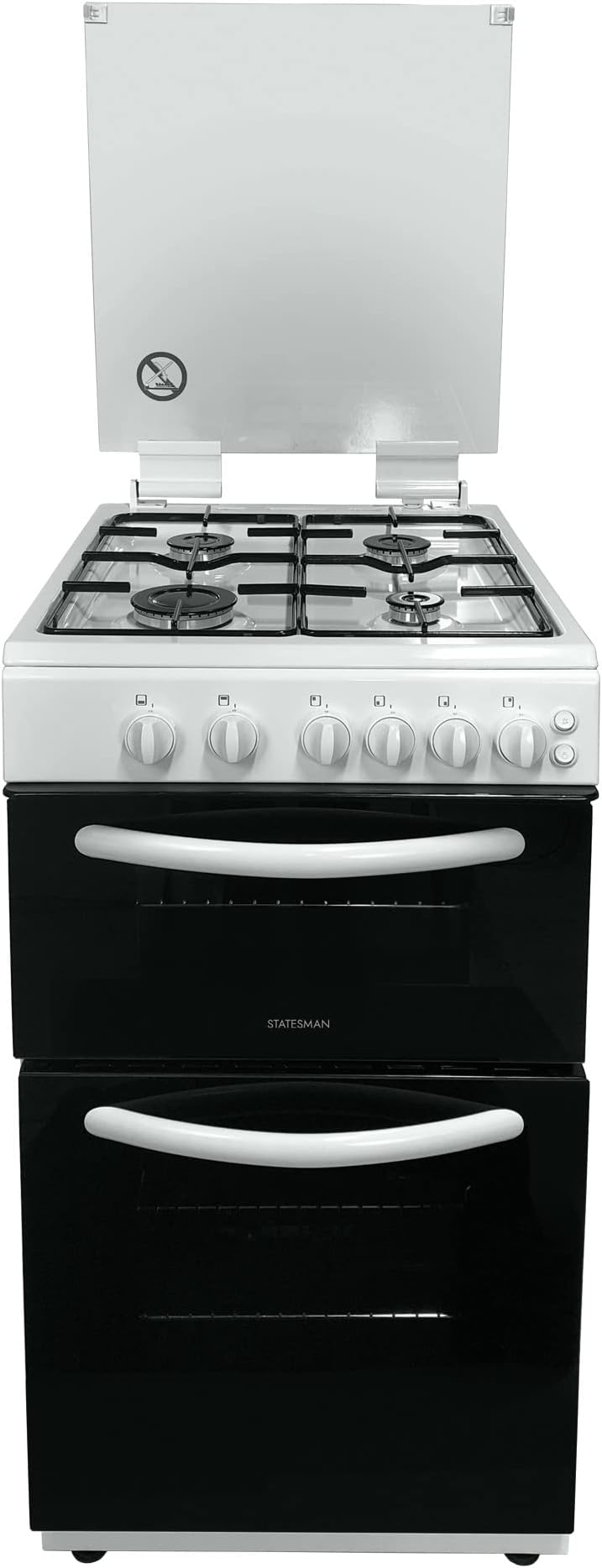 Statesman GTL50W Double Oven Gas Cooker with Glass Lid, 4 Gas Burners, 50cm Wide, White