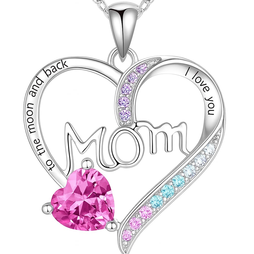 SUPAC Heart Mom Necklace, Sterling Silver Crystal Pendant with Pink Heart Stone, I Love You to the Moon and Back - Mother's Day Gift