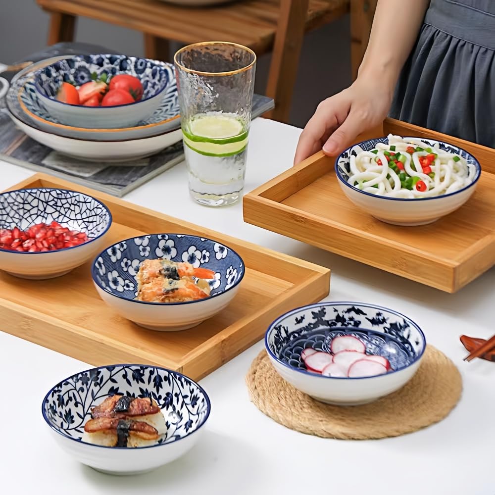 Zestaw misek ceramicznych, 6-częściowy 13 cm, niebiesko-białe miski do ryżu i zupy, zastawa stołowa w stylu azjatyckim