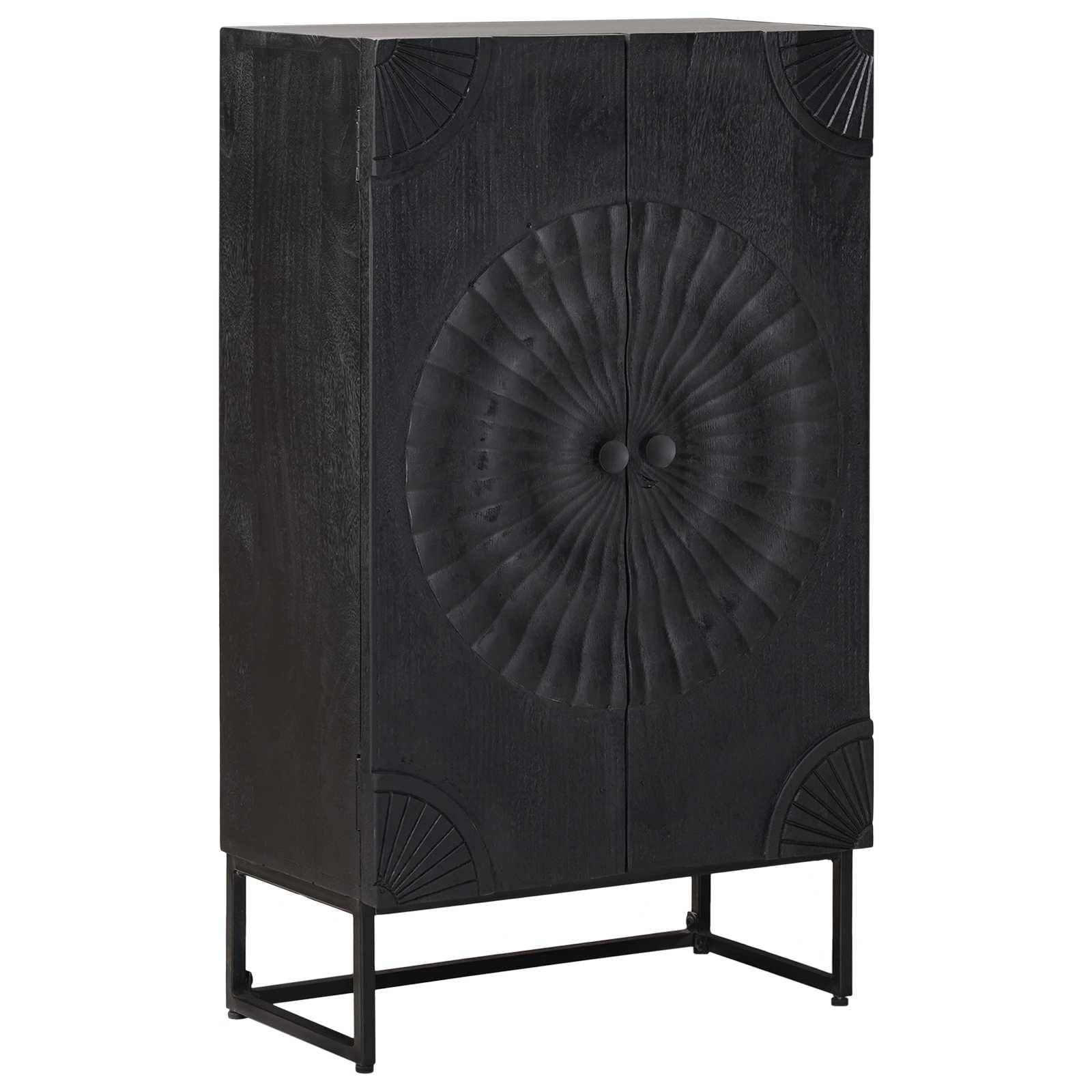 Credenza Nero 55 x 30 x 95 cm | Legno Massello di Mango, 2 Ante, Ripiani e Cassetti, Design Moderno per Soggiorno