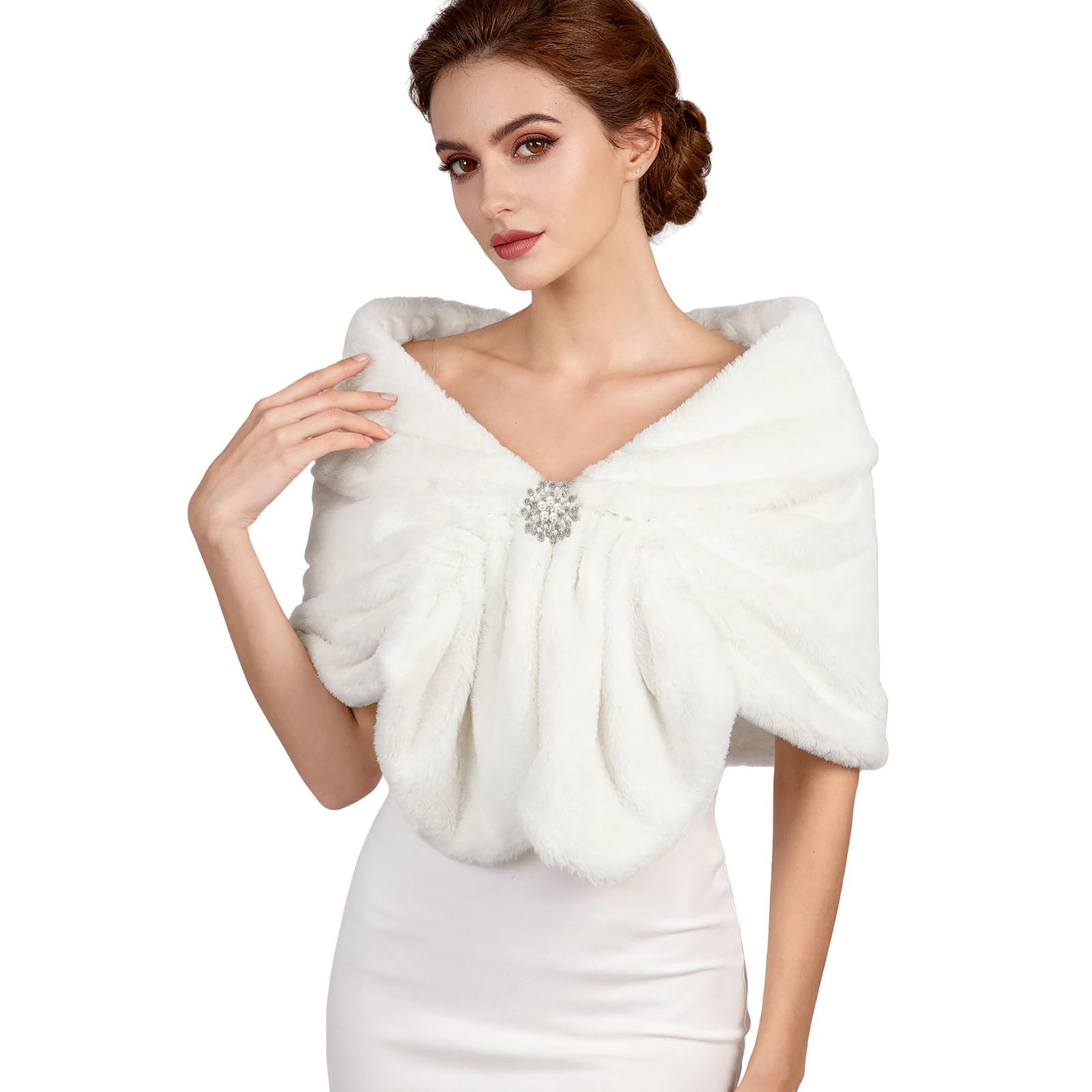Kunstfell-Stola für Frauen,Elegante Brautstola mit Brosche für Hochzeit, Abendkleid & Party, Flauschige weiße Abendcape für Braut, Brautjungfern & Cheongsam (Einheitsgröße)